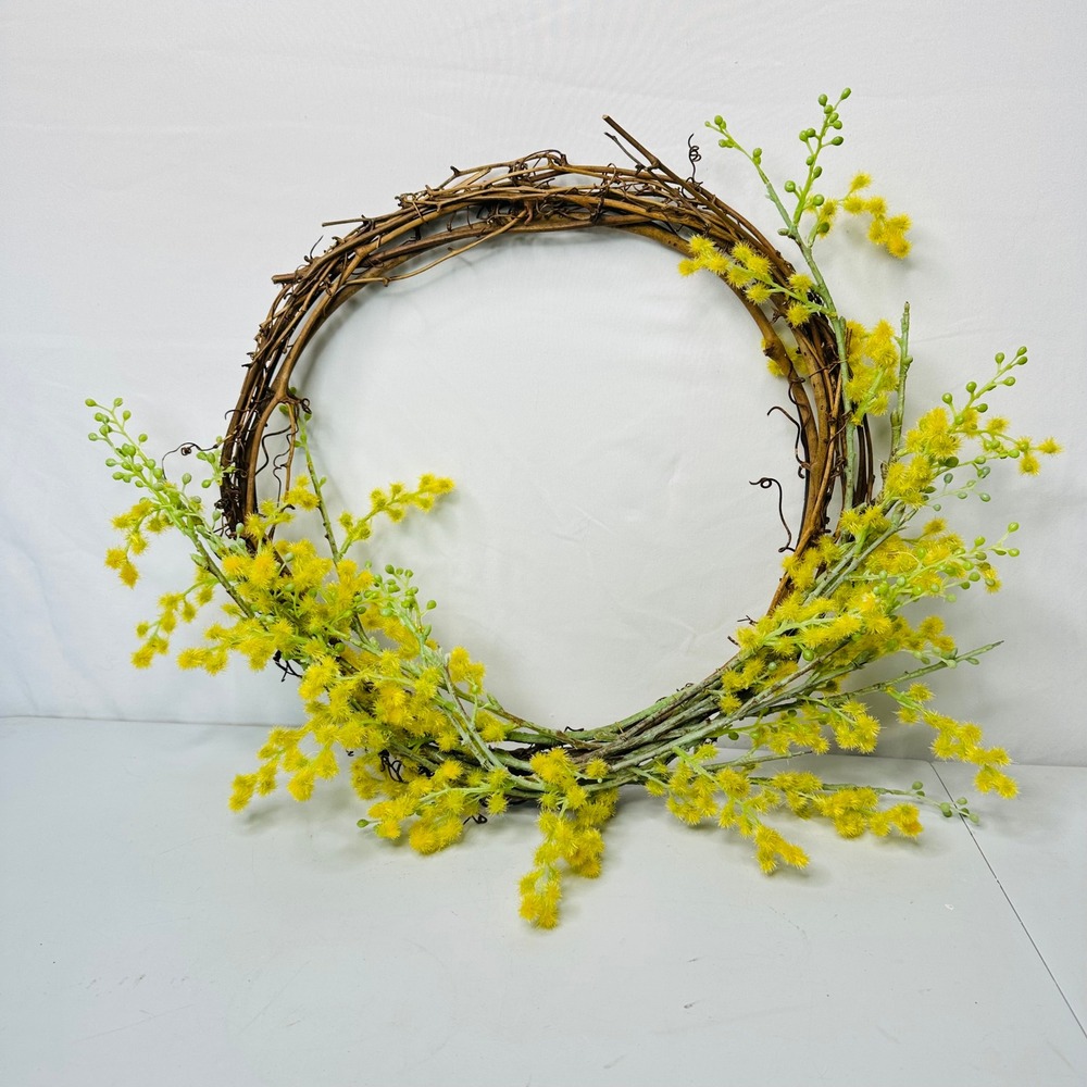 Yellow Mimosa Grapevine Wreath Spring Floral Farmhouse Door Decor 15 Inch